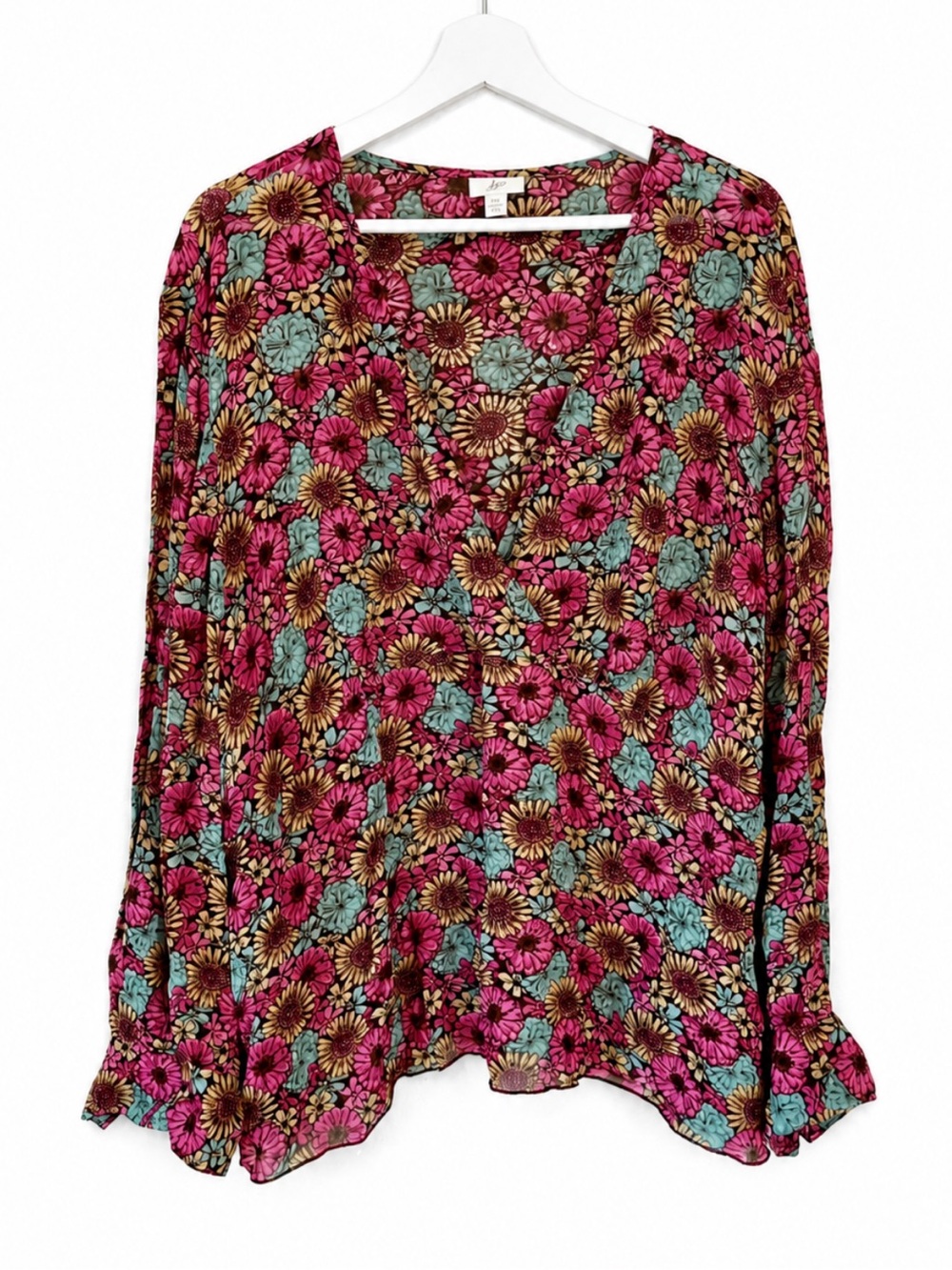 J. Jill 3X Sheer Floral V-Neck Blouse Boho Lightweight Rayon Top pink Blue Chic